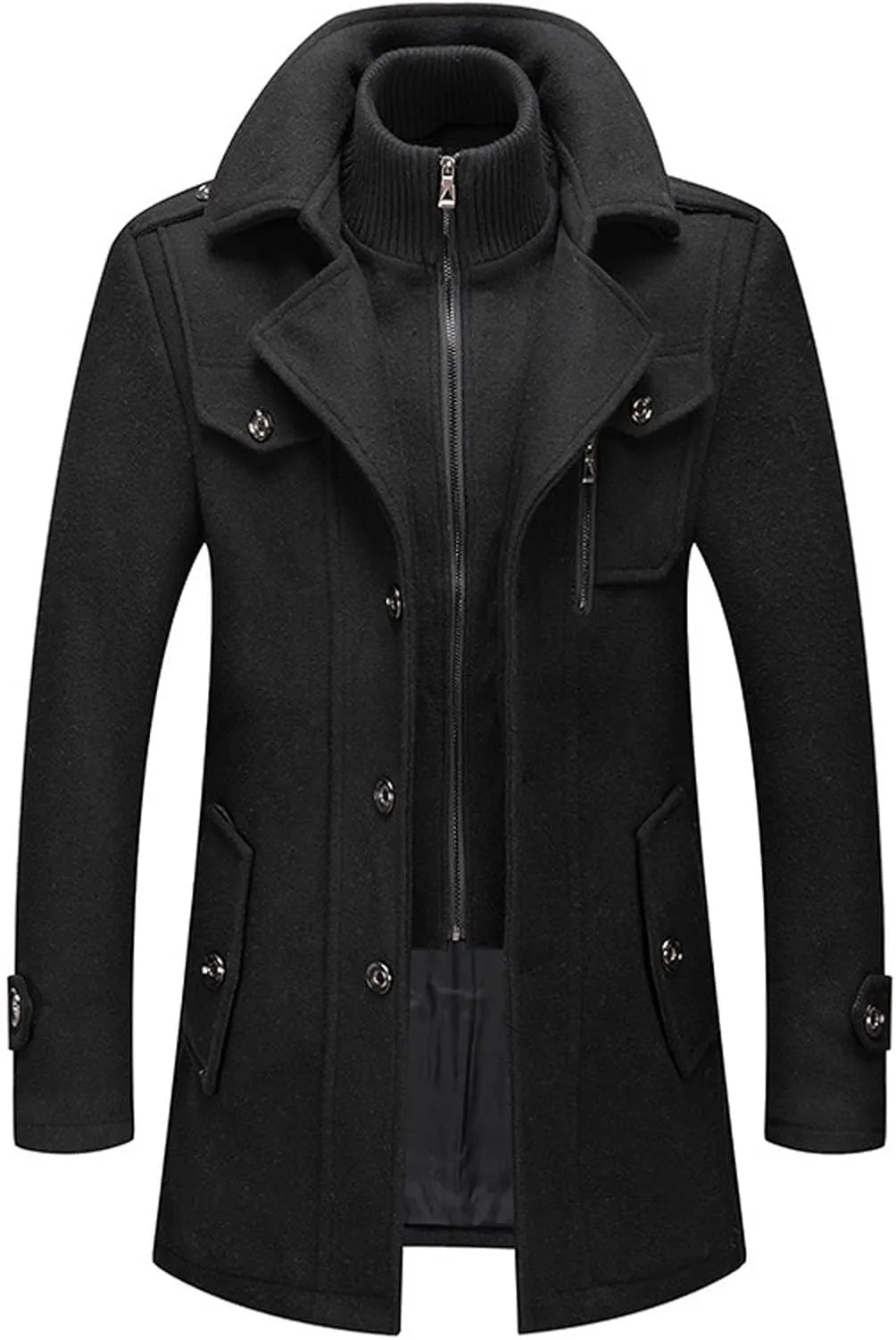 Men's Wool Blend Coats with Detachable Zipper Winter Warm Jakcet Single Breasted Business Windbreaker Pea Coat