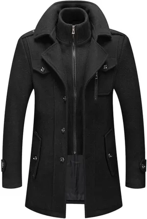 Men's Wool Blend Coats with Detachable Zipper Winter Warm Jakcet Single Breasted Business Windbreaker Pea Coat