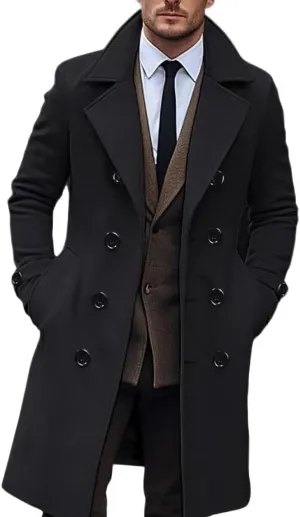 Men's Wool Blend Pea Coat Notched Collar Single Breasted Overcoat Warm Winter Trench Coat