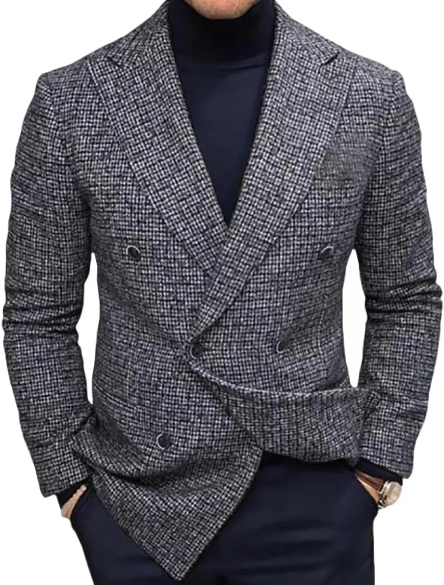 Men's Wool Blend Pea Coat Notched Collar Single Breasted Overcoat Warm Winter Trench Coat