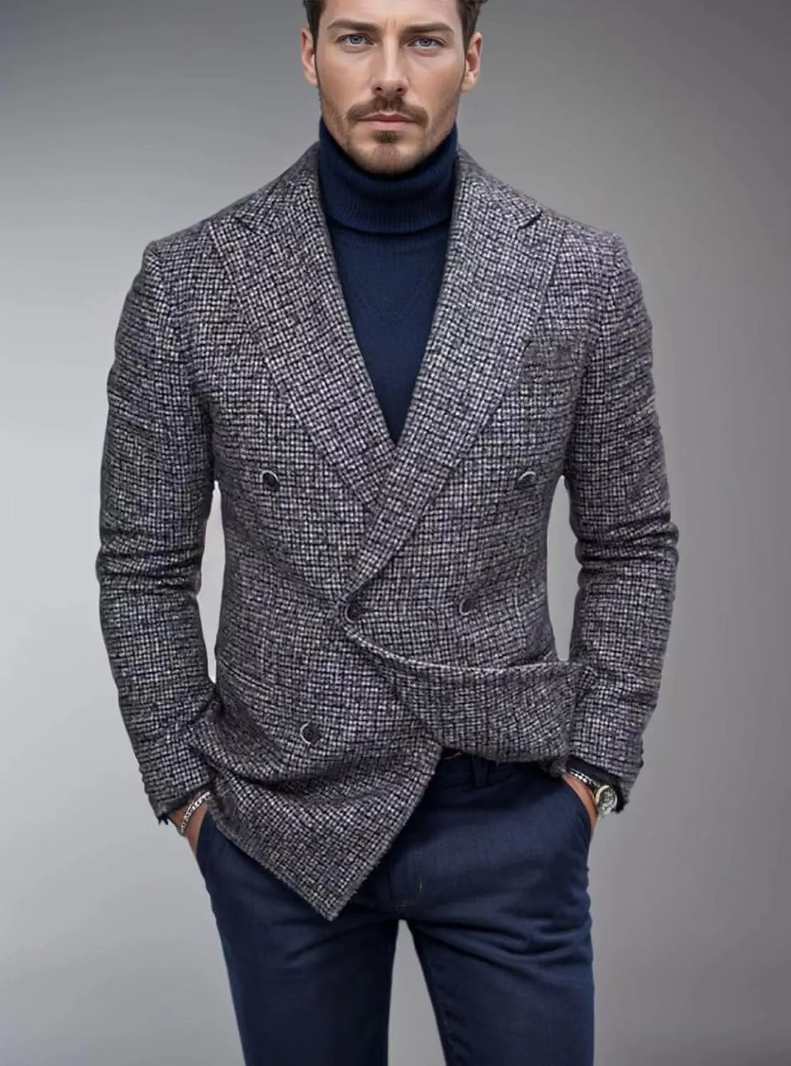 Men's Wool Blend Pea Coat Notched Collar Single Breasted Overcoat Warm Winter Trench Coat