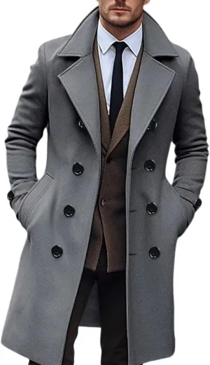 Men's Wool Blend Pea Coat Notched Collar Single Breasted Overcoat Warm Winter Trench Coat