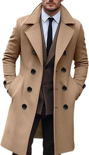 Men's Wool Blend Pea Coat Notched Collar Single Breasted Overcoat Warm Winter Trench Coat