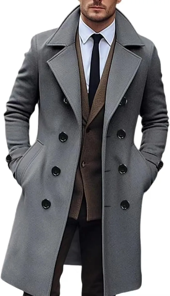 Men's Wool Blend Pea Coat Notched Collar Single Breasted Overcoat Warm Winter Trench Coat
