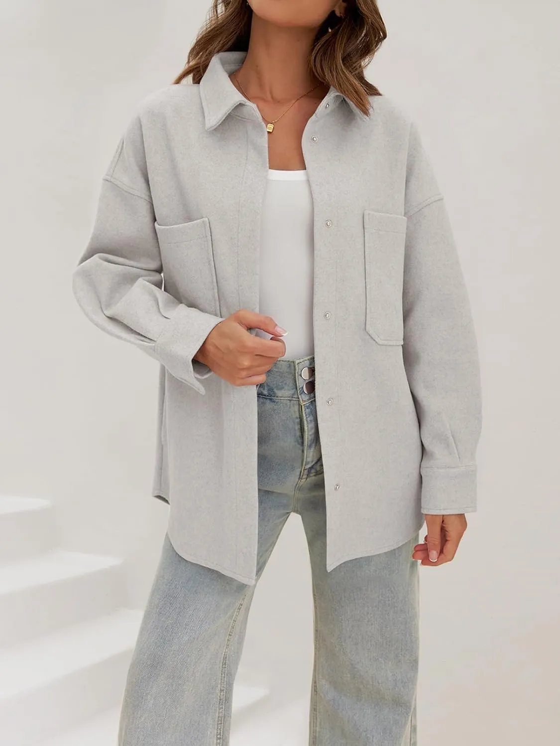 MEROKEETY Women's 2024 Fall Oversized Long Sleeve Shacket Jacket Button Down Wool Blend Coats with Pockets