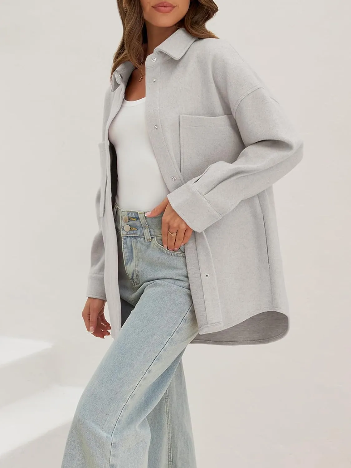MEROKEETY Women's 2024 Fall Oversized Long Sleeve Shacket Jacket Button Down Wool Blend Coats with Pockets