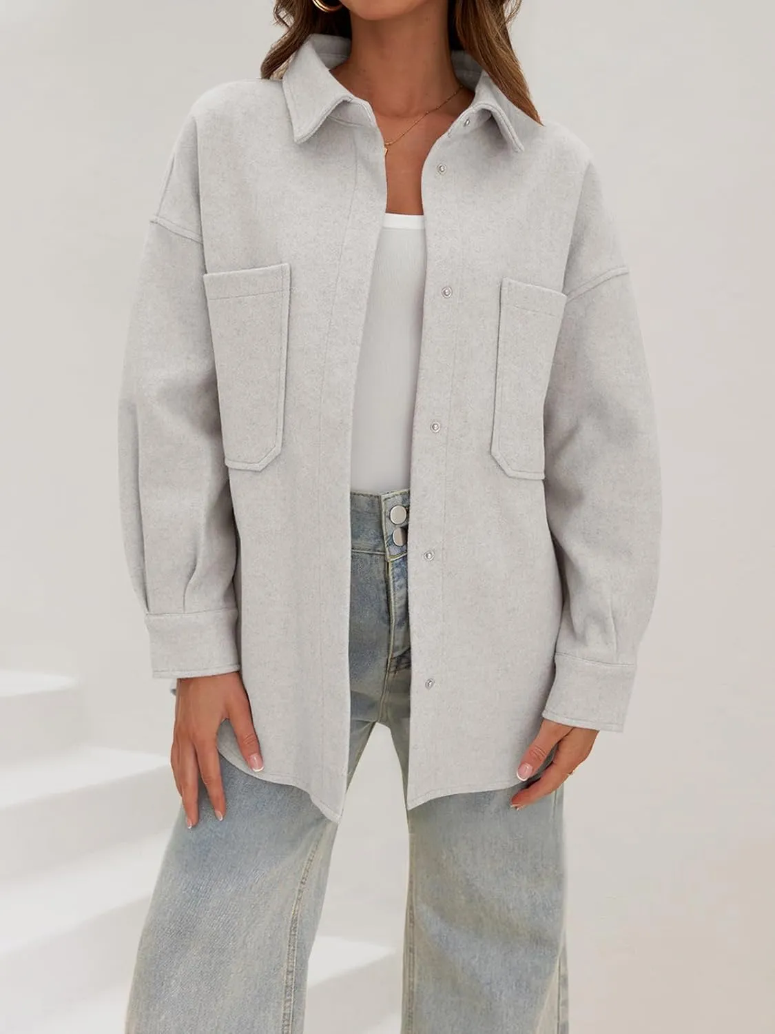 MEROKEETY Women's 2024 Fall Oversized Long Sleeve Shacket Jacket Button Down Wool Blend Coats with Pockets