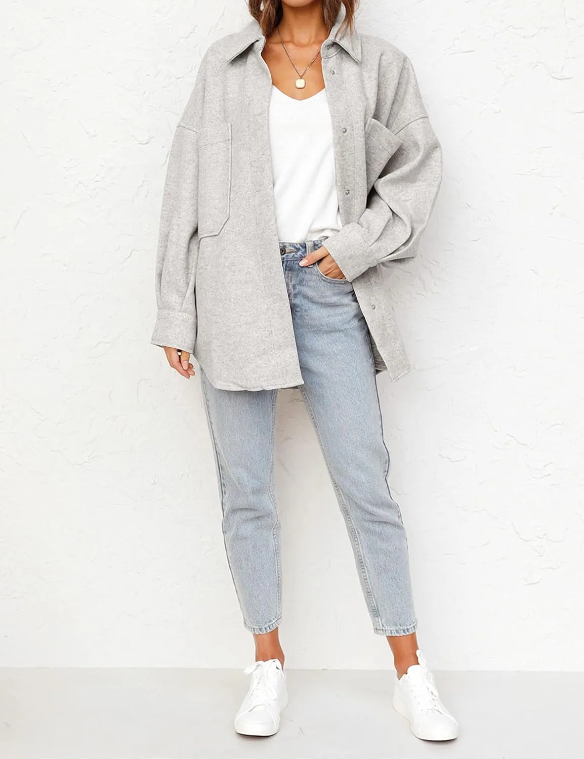 MEROKEETY Women's 2024 Fall Oversized Long Sleeve Shacket Jacket Button Down Wool Blend Coats with Pockets