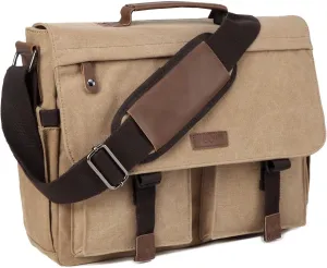 Messenger Bag for Men,VASCHY Vintage Water Resistant Canvas Satchel 14 15.6 17inch Laptop Briefcase