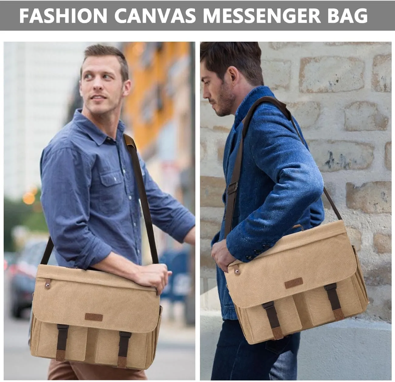 Messenger Bag for Men,VASCHY Vintage Water Resistant Canvas Satchel 14 15.6 17inch Laptop Briefcase