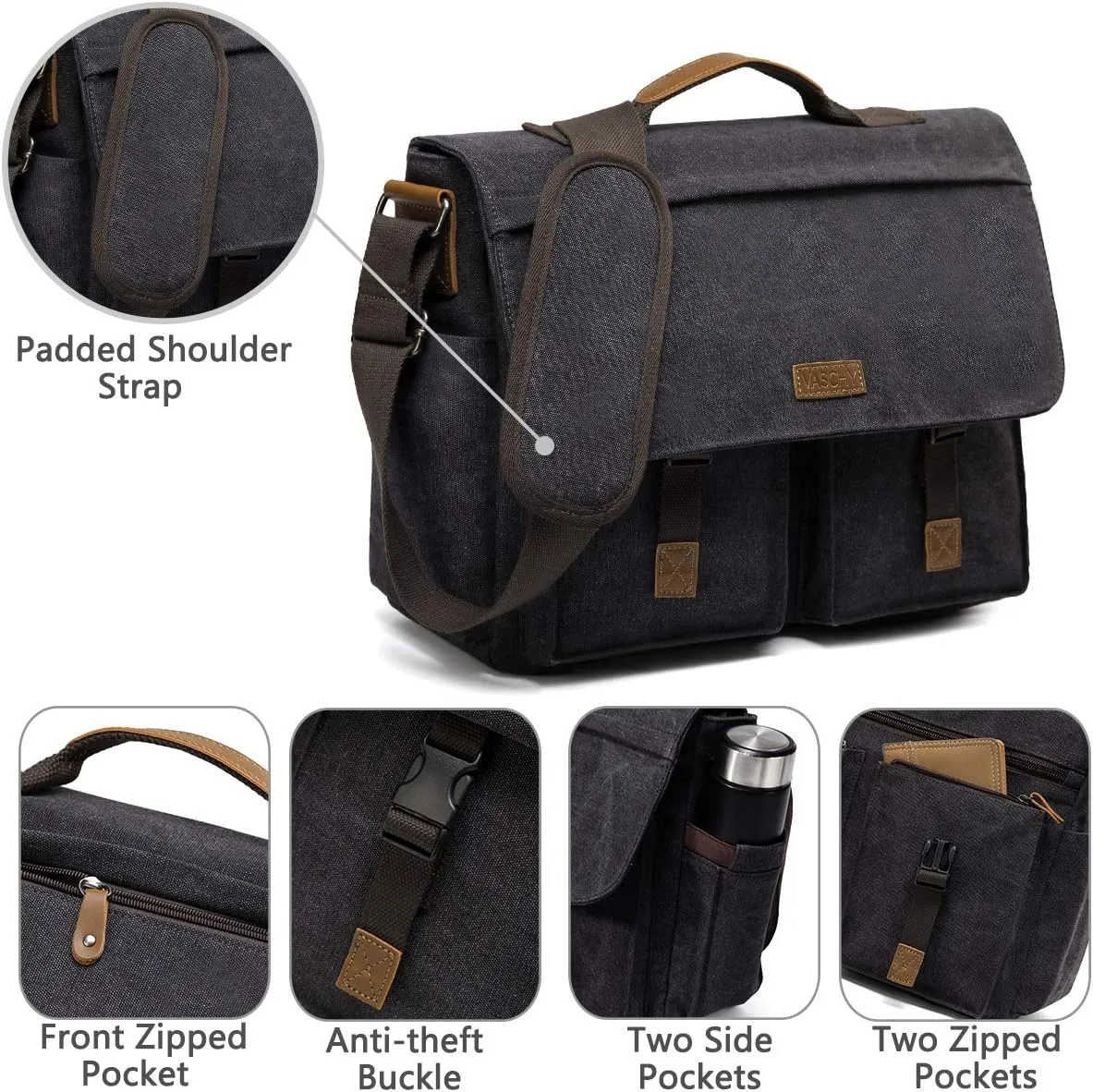 Messenger Bag for Men,VASCHY Vintage Water Resistant Canvas Satchel 14 15.6 17inch Laptop Briefcase