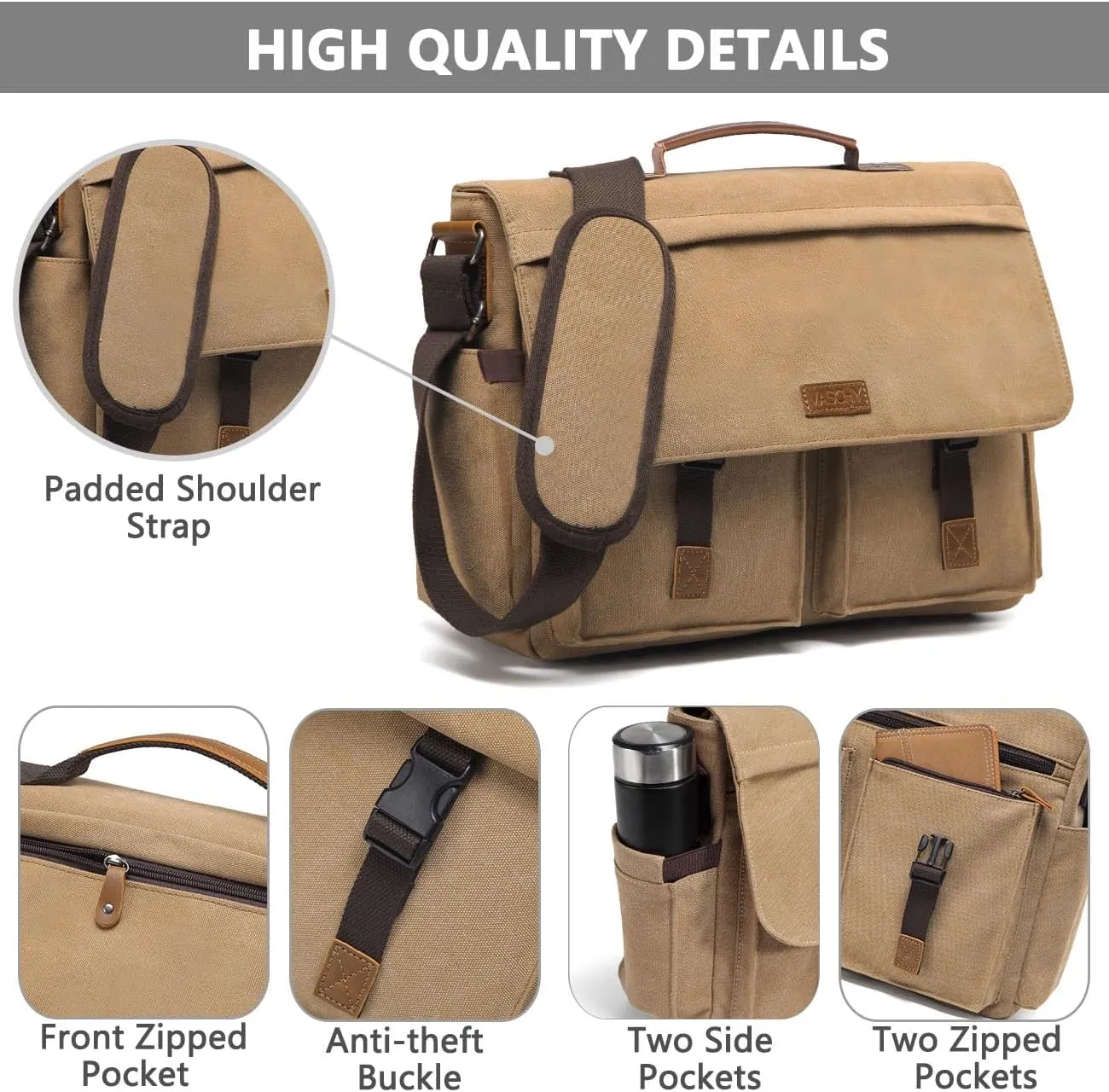 Messenger Bag for Men,VASCHY Vintage Water Resistant Canvas Satchel 14 15.6 17inch Laptop Briefcase