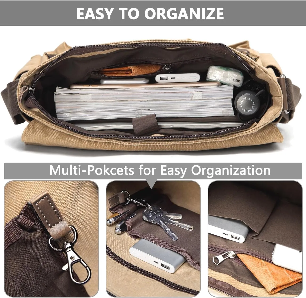 Messenger Bag for Men,VASCHY Vintage Water Resistant Canvas Satchel 14 15.6 17inch Laptop Briefcase