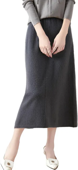 Mid Length Skirt Women Fall Winter 100% Merino Wool Knit Long Skirt Ribbed Elastic Solid Casual Warm Skirt