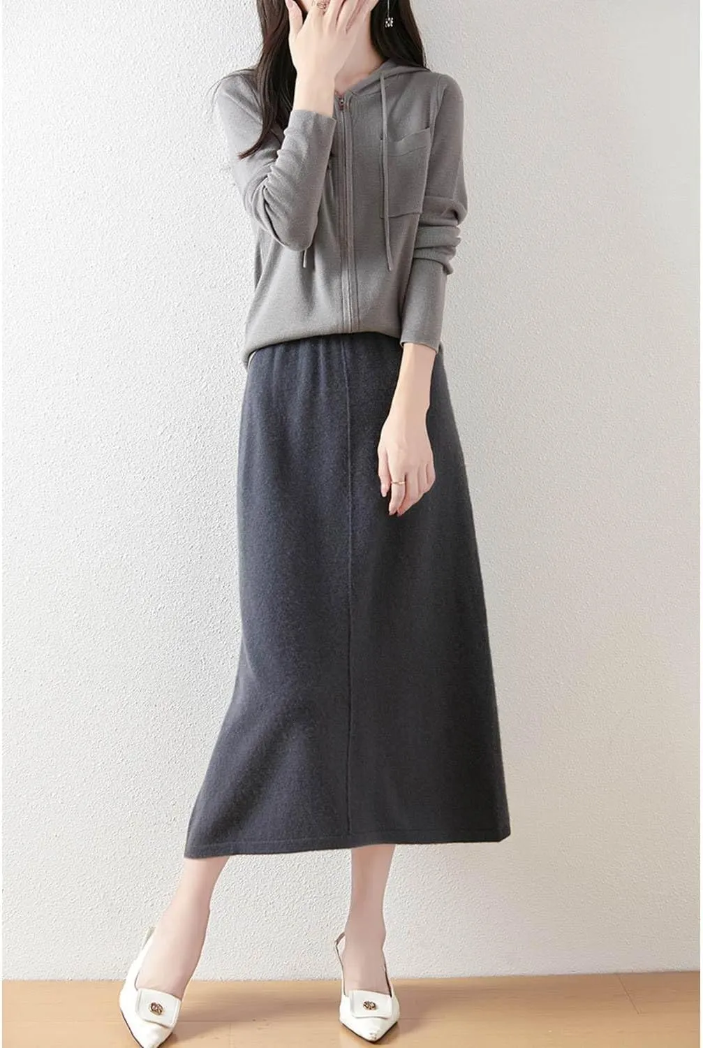 Mid Length Skirt Women Fall Winter 100% Merino Wool Knit Long Skirt Ribbed Elastic Solid Casual Warm Skirt