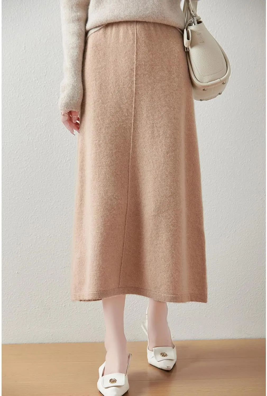 Mid Length Skirt Women Fall Winter 100% Merino Wool Knit Long Skirt Ribbed Elastic Solid Casual Warm Skirt