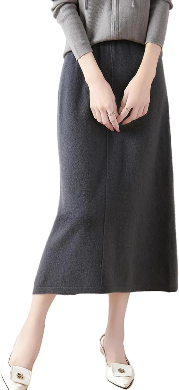 Mid Length Skirt Women Fall Winter 100% Merino Wool Knit Long Skirt Ribbed Elastic Solid Casual Warm Skirt