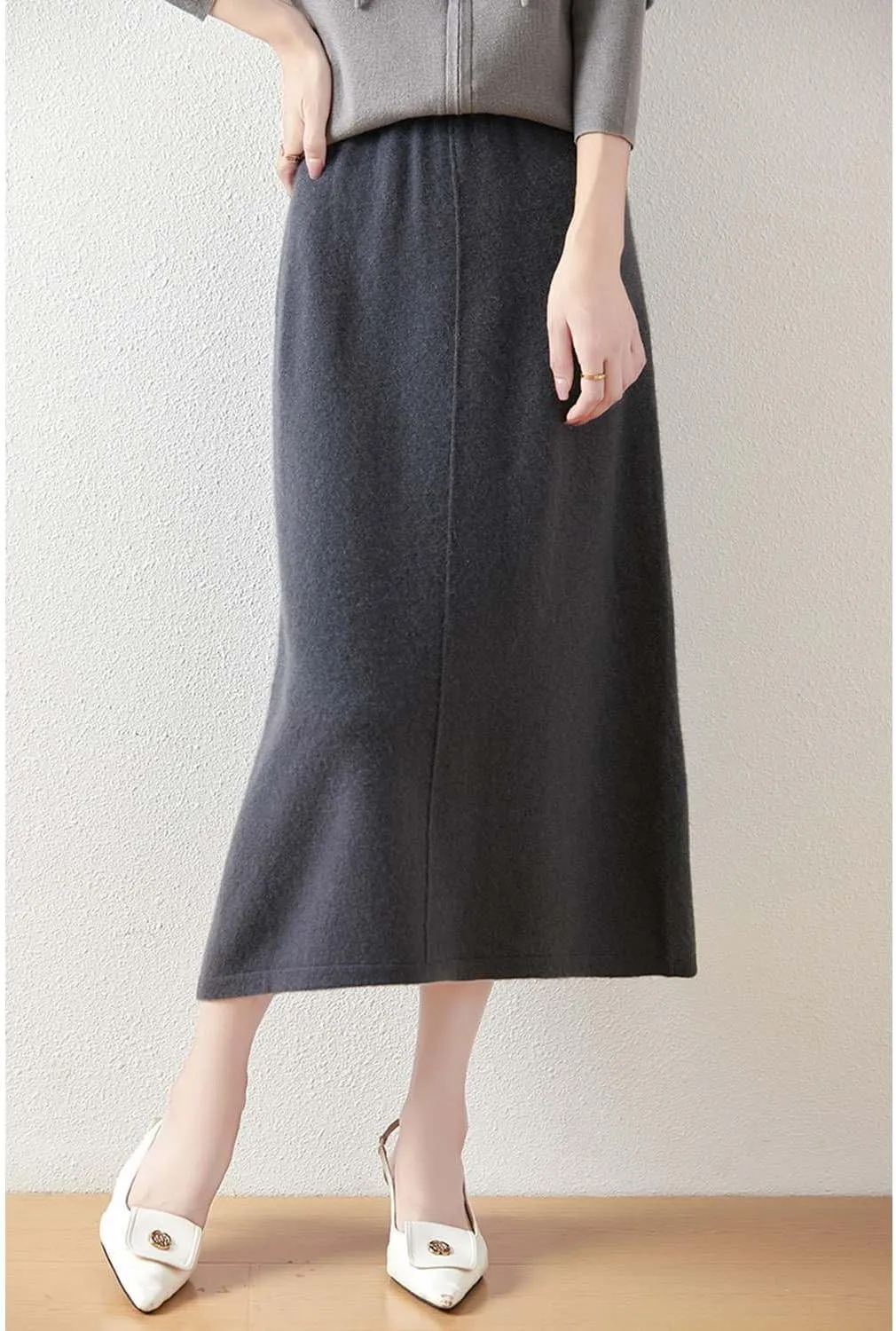 Mid Length Skirt Women Fall Winter 100% Merino Wool Knit Long Skirt Ribbed Elastic Solid Casual Warm Skirt