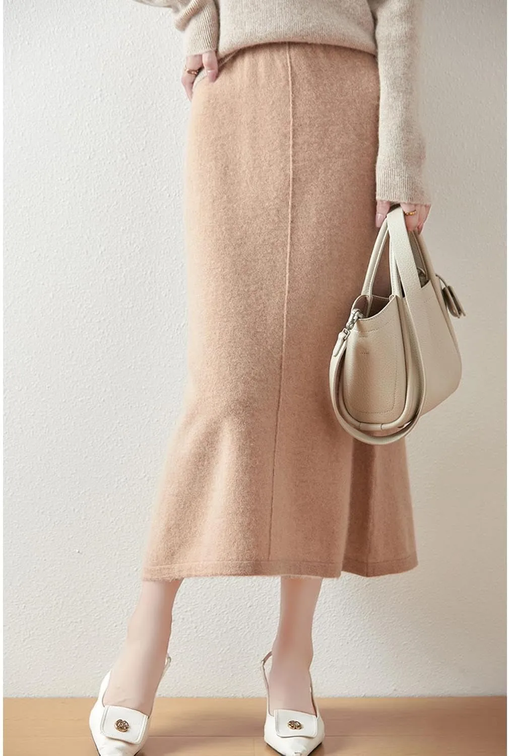 Mid Length Skirt Women Fall Winter 100% Merino Wool Knit Long Skirt Ribbed Elastic Solid Casual Warm Skirt