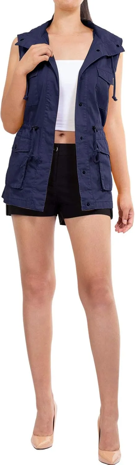 MixMatchy Women's Drawstring Lightweight Loose Fit Sleeveless Safari Vest Utility Jacket