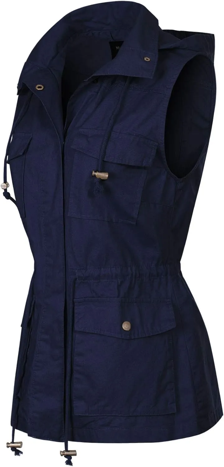 MixMatchy Women's Drawstring Lightweight Loose Fit Sleeveless Safari Vest Utility Jacket