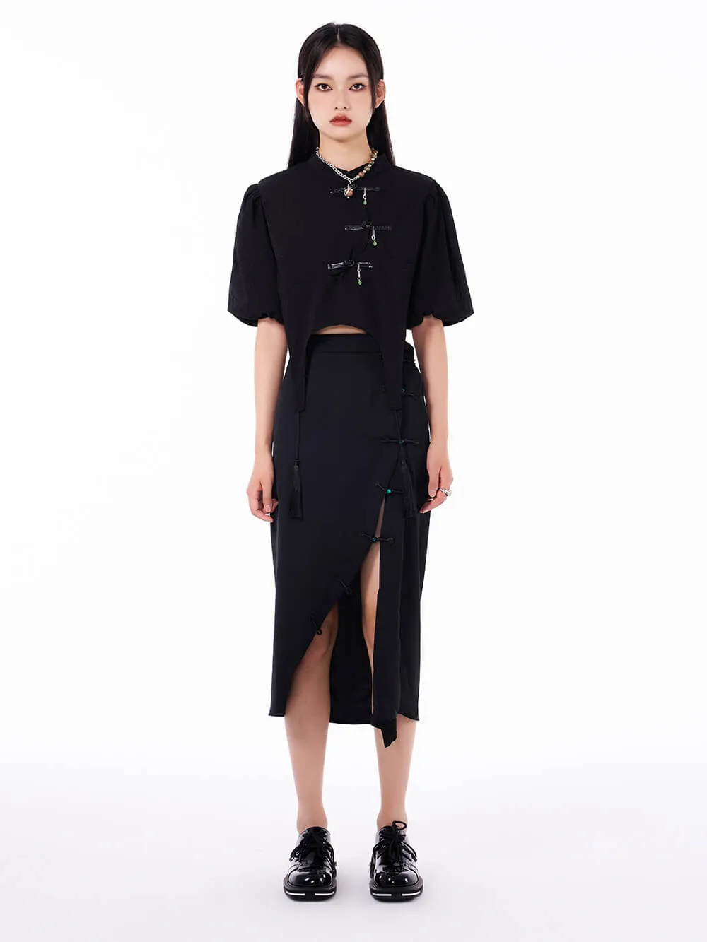 MUKTANK Black Chinese Style Short Detachable Pendant Puff Sleeve Shirt