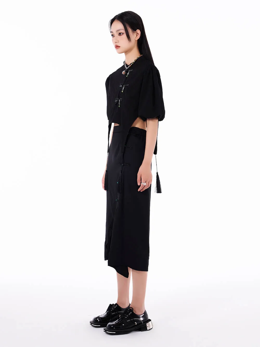 MUKTANK Black Chinese Style Short Detachable Pendant Puff Sleeve Shirt