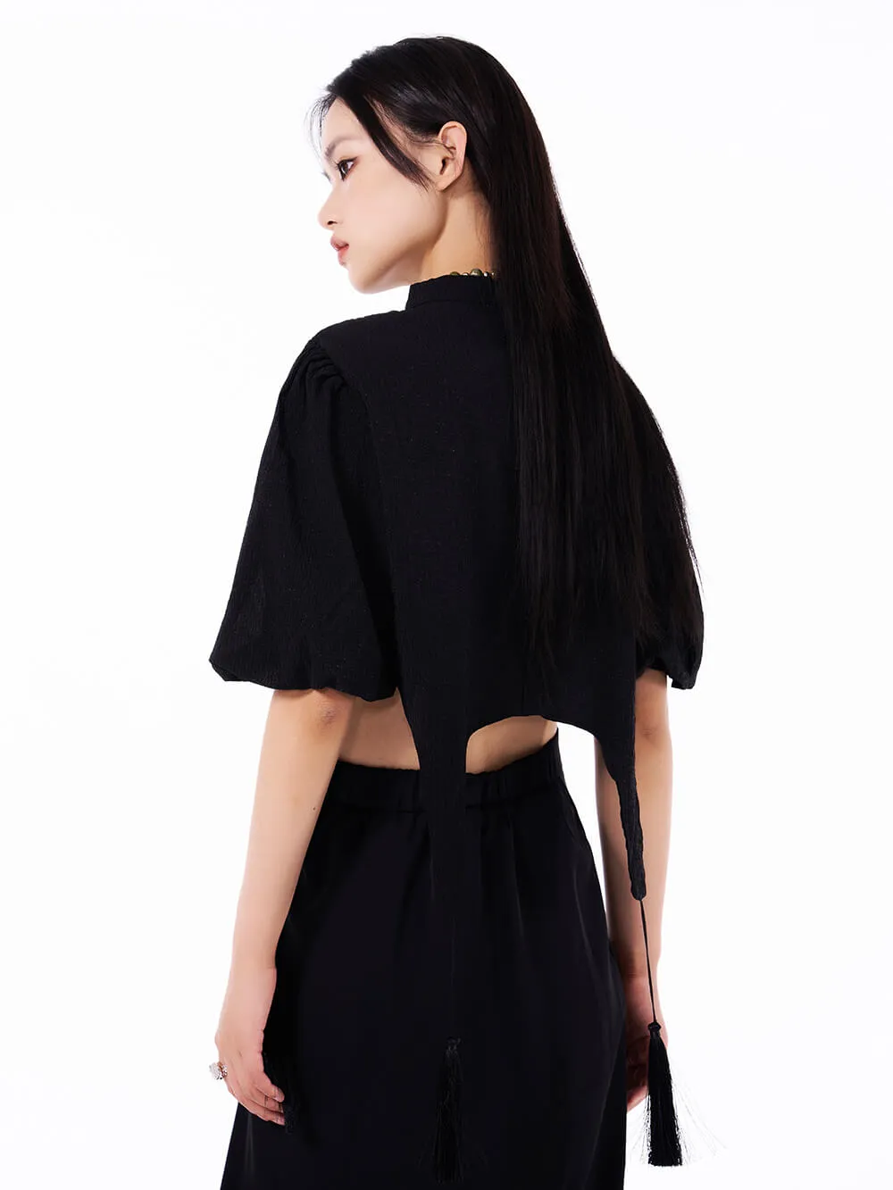 MUKTANK Black Chinese Style Short Detachable Pendant Puff Sleeve Shirt