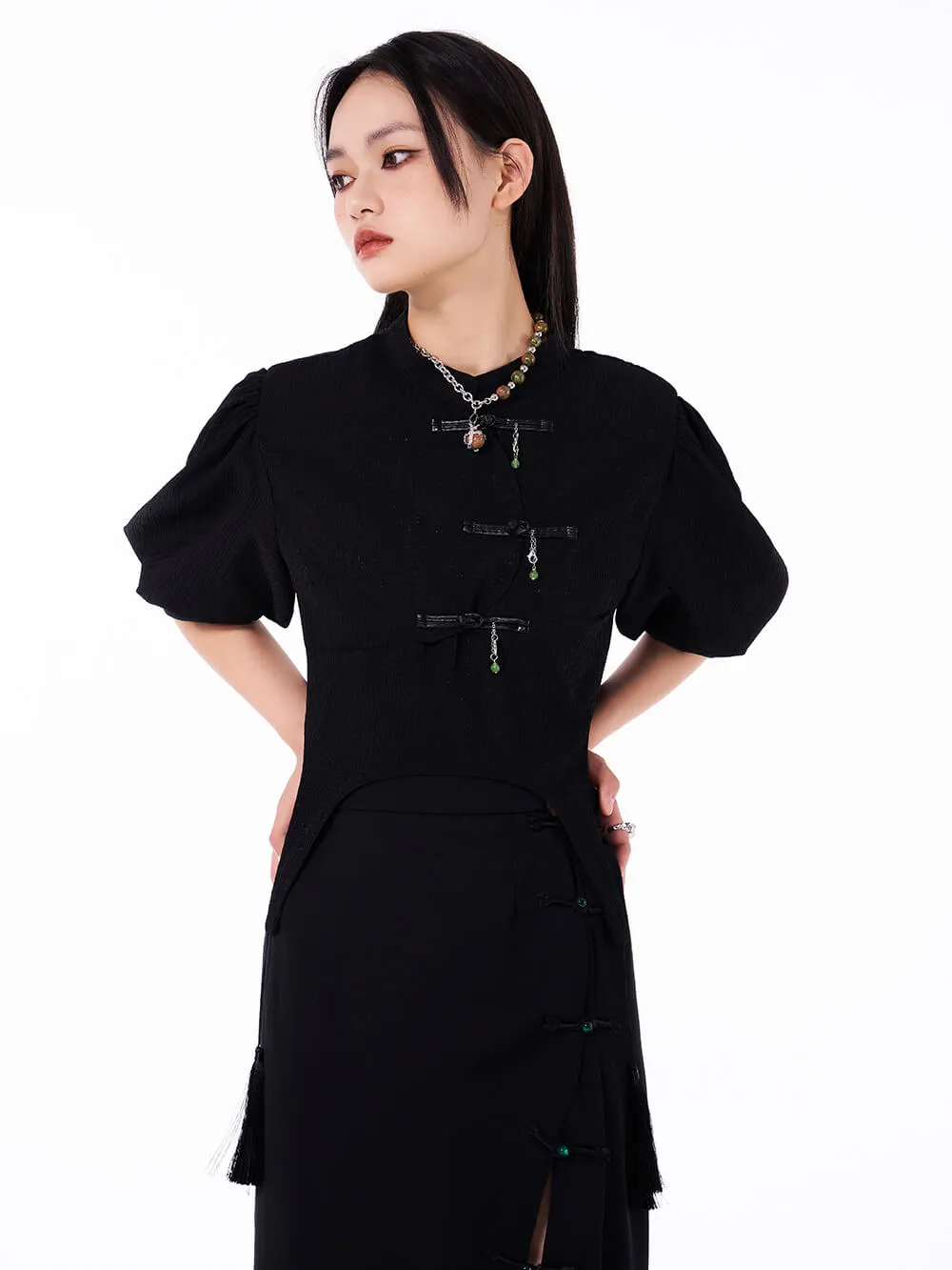 MUKTANK Black Chinese Style Short Detachable Pendant Puff Sleeve Shirt