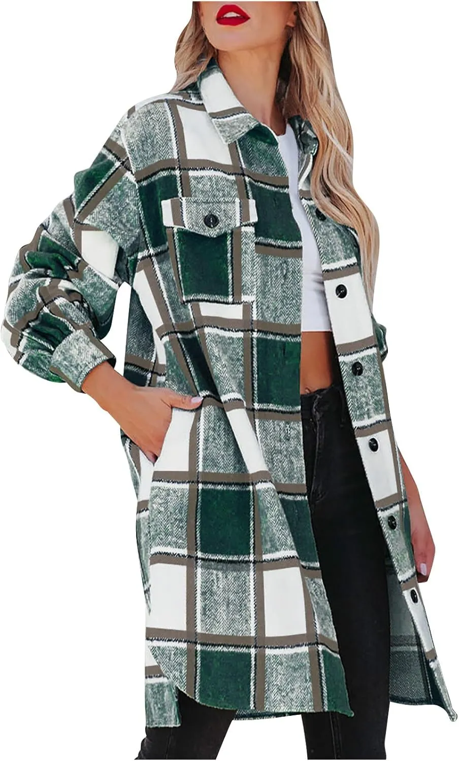 Mzkdieey Women Long Flannel Plaid Jacket Shacket Lounge Lapel Boyfriend Button Down Tartan Over Shirt Trench Coat with Pocket
