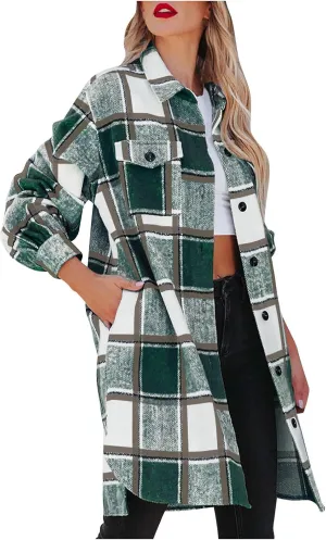 Mzkdieey Women Long Flannel Plaid Jacket Shacket Lounge Lapel Boyfriend Button Down Tartan Over Shirt Trench Coat with Pocket