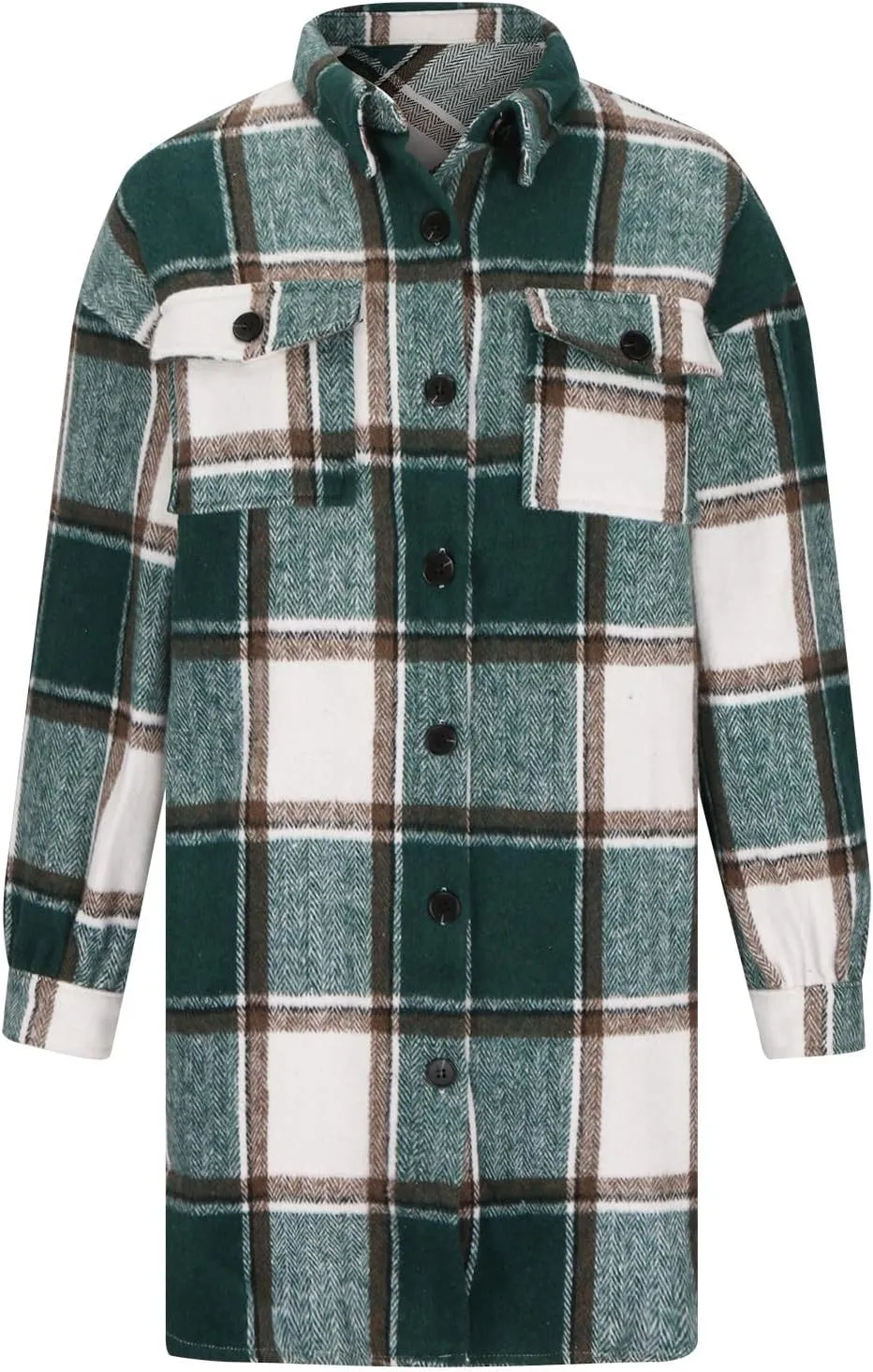 Mzkdieey Women Long Flannel Plaid Jacket Shacket Lounge Lapel Boyfriend Button Down Tartan Over Shirt Trench Coat with Pocket