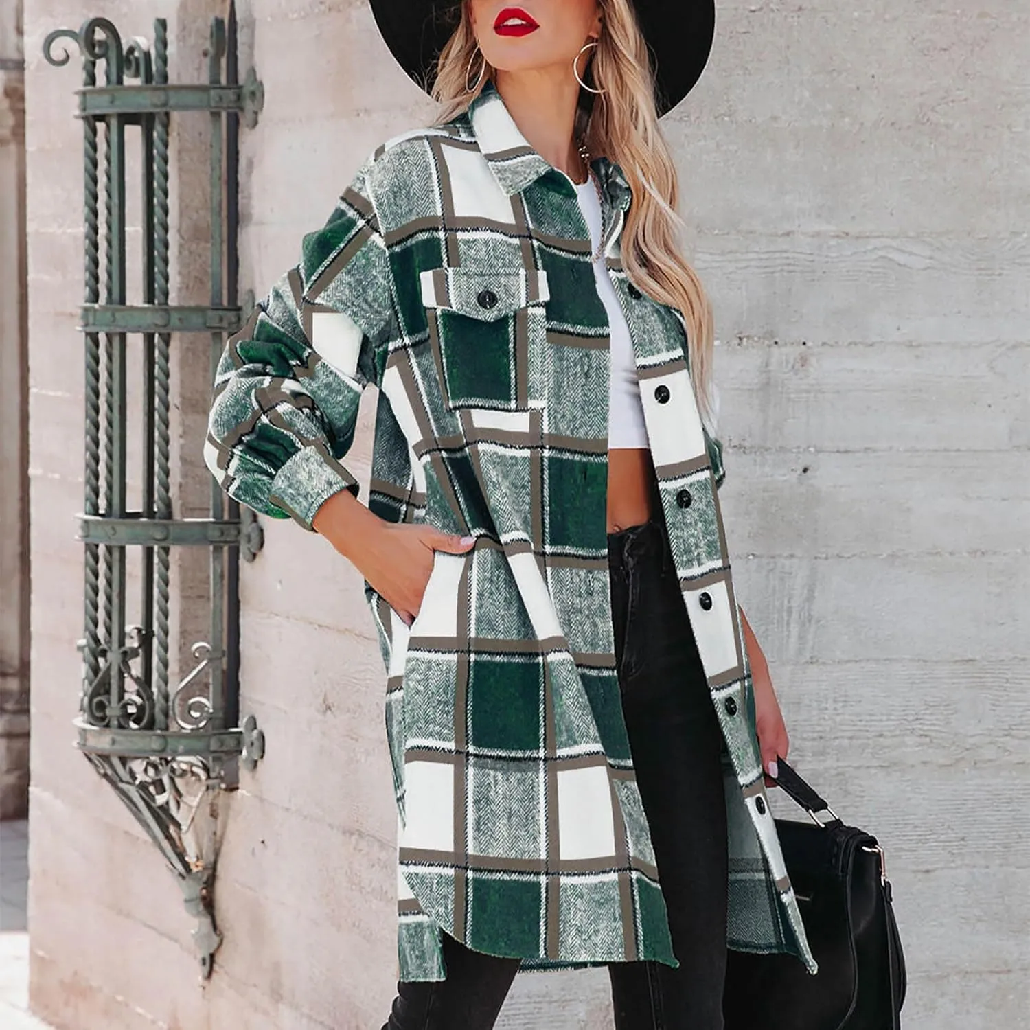 Mzkdieey Women Long Flannel Plaid Jacket Shacket Lounge Lapel Boyfriend Button Down Tartan Over Shirt Trench Coat with Pocket