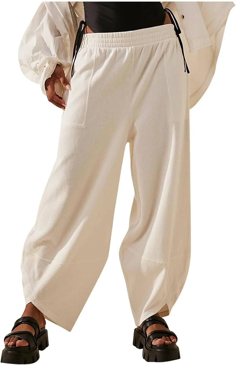NATHGAM Women's Loose Harem Pants Elastic High Waisted Palazzo Pants Solid Baggy Casual Pants Workout Yoga Pants with Pockets