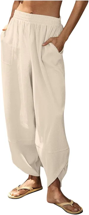 NATHGAM Women's Loose Harem Pants Elastic High Waisted Palazzo Pants Solid Baggy Casual Pants Workout Yoga Pants with Pockets