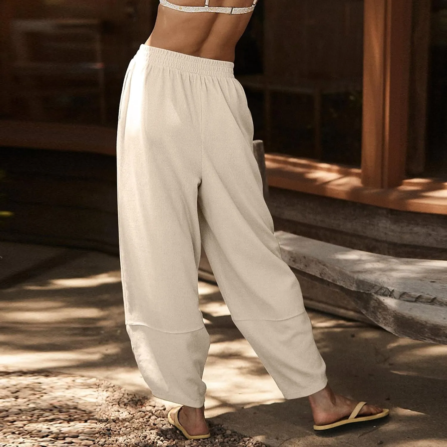 NATHGAM Women's Loose Harem Pants Elastic High Waisted Palazzo Pants Solid Baggy Casual Pants Workout Yoga Pants with Pockets