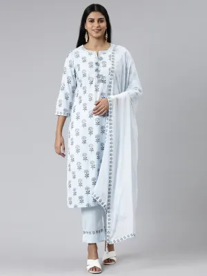 Neeru's Blue Regular Calf Length Printed Readymade Suits