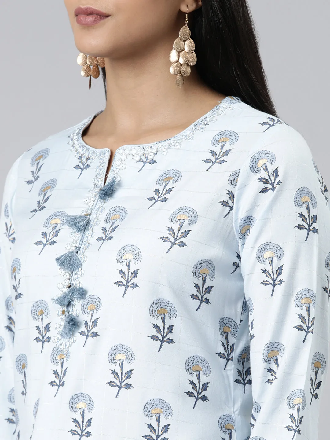 Neeru's Blue Regular Calf Length Printed Readymade Suits
