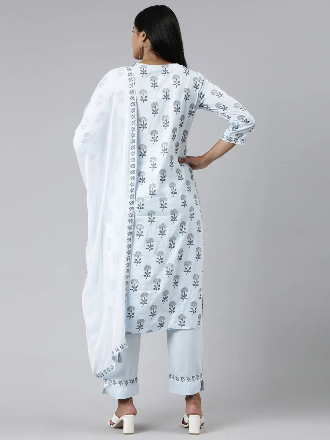 Neeru's Blue Regular Calf Length Printed Readymade Suits