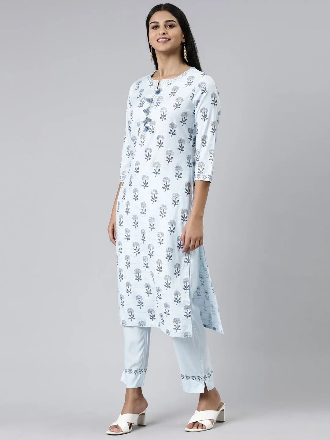 Neeru's Blue Regular Calf Length Printed Readymade Suits