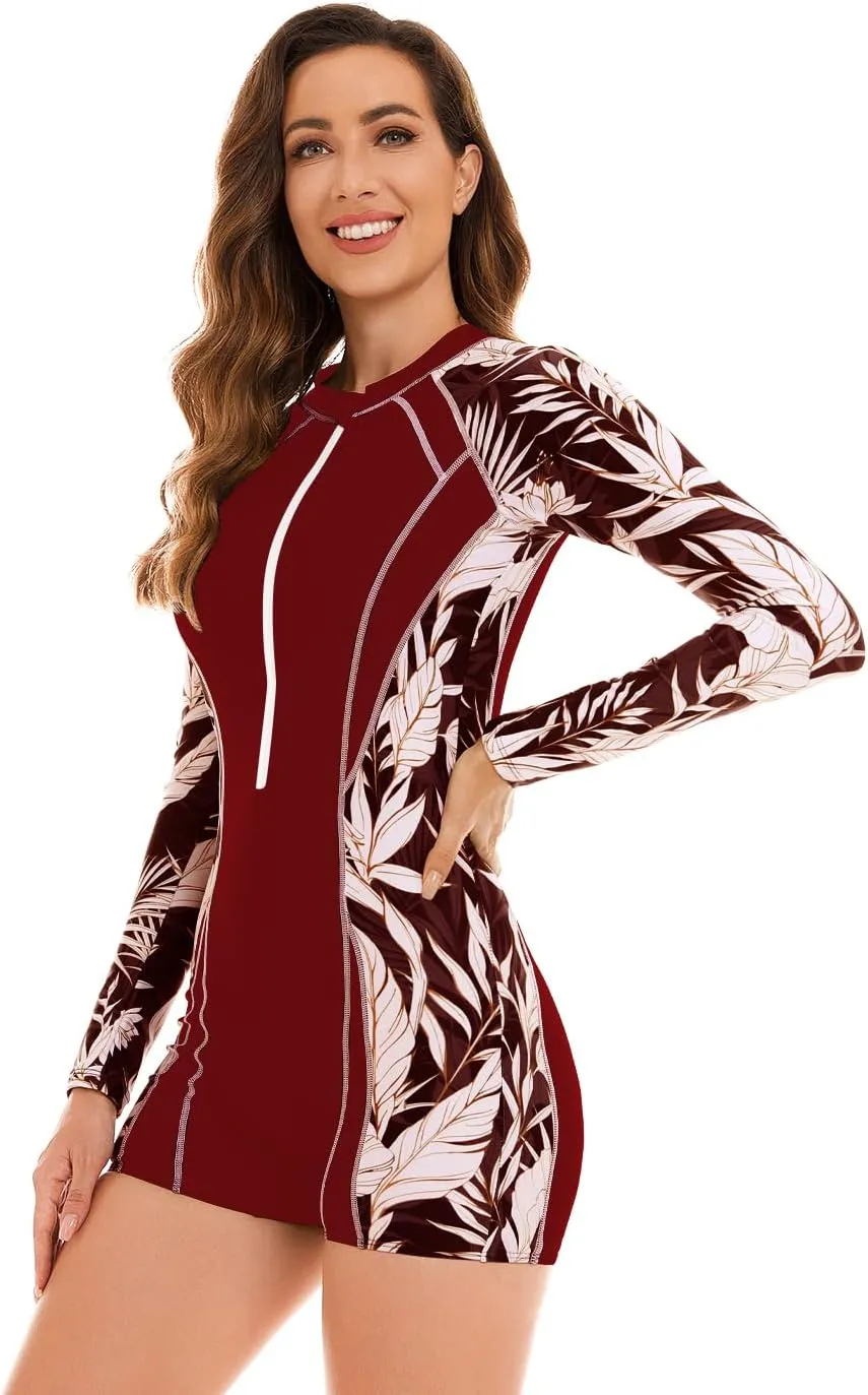 NESY Womens Rash Guard Swimsuit Boyleg Long Sleeve One Piece Bathing Suit UPF 50 Zipper Surfing Wetsuit Athletic Swimwear