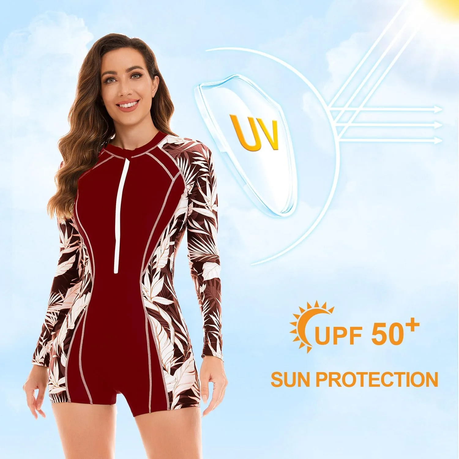 NESY Womens Rash Guard Swimsuit Boyleg Long Sleeve One Piece Bathing Suit UPF 50 Zipper Surfing Wetsuit Athletic Swimwear