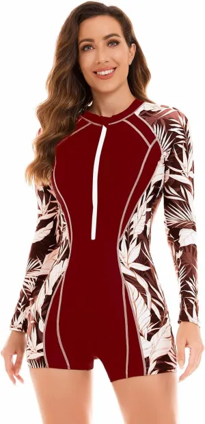 NESY Womens Rash Guard Swimsuit Boyleg Long Sleeve One Piece Bathing Suit UPF 50 Zipper Surfing Wetsuit Athletic Swimwear