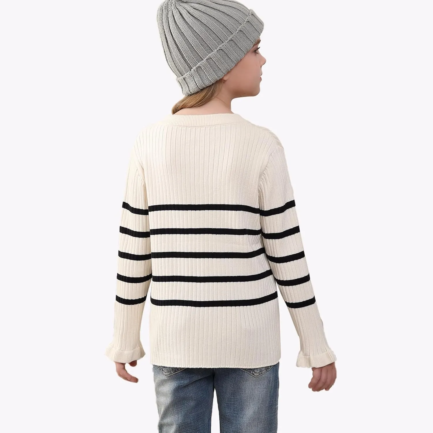 OEBLD Girl's Striped Knit Oversized Fall Sweaters Fashion Long Sleeve Crewneck Pullover Sweater Trendy Tops