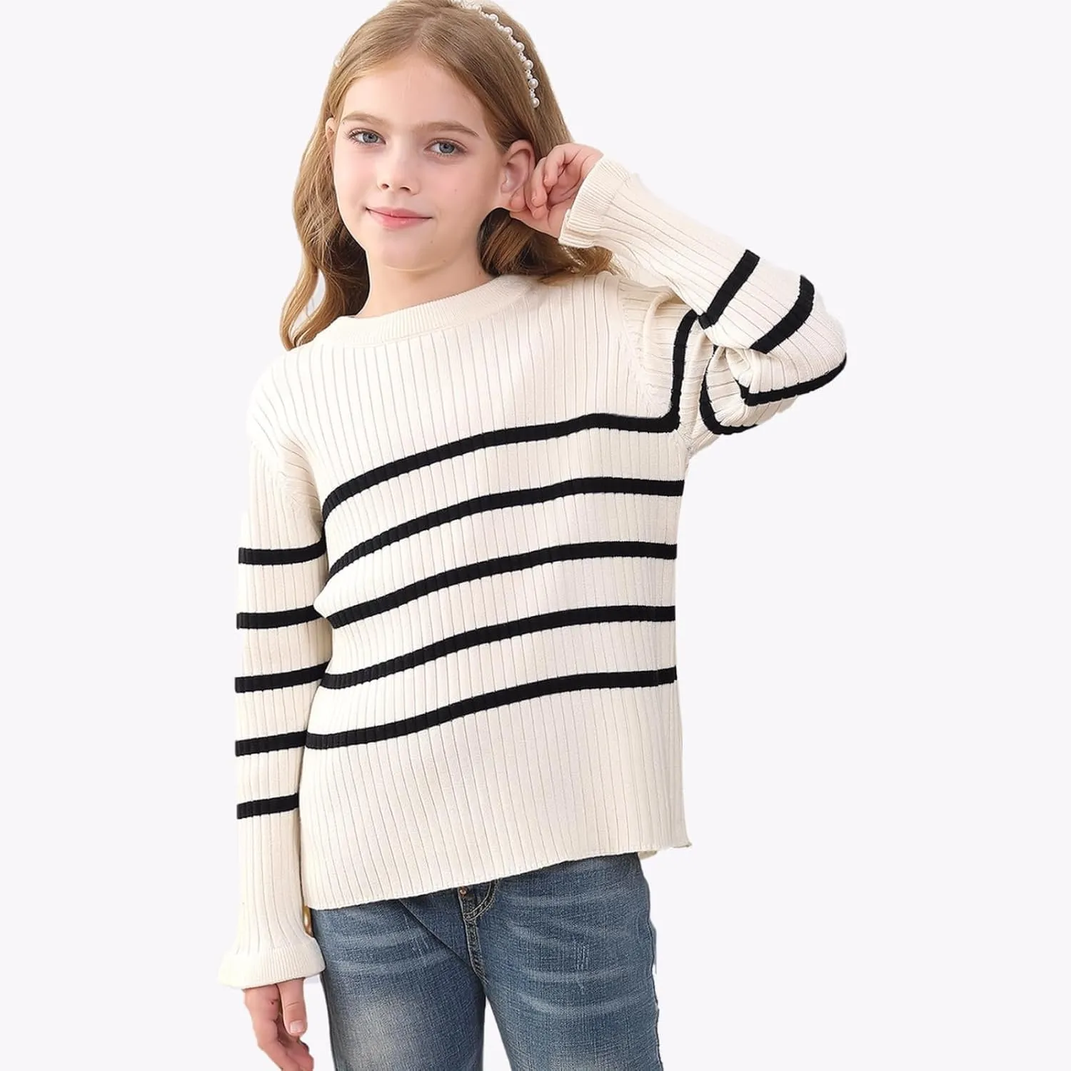 OEBLD Girl's Striped Knit Oversized Fall Sweaters Fashion Long Sleeve Crewneck Pullover Sweater Trendy Tops