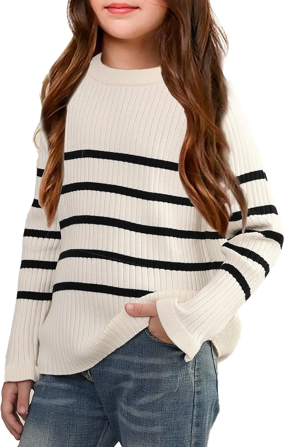 OEBLD Girl's Striped Knit Oversized Fall Sweaters Fashion Long Sleeve Crewneck Pullover Sweater Trendy Tops