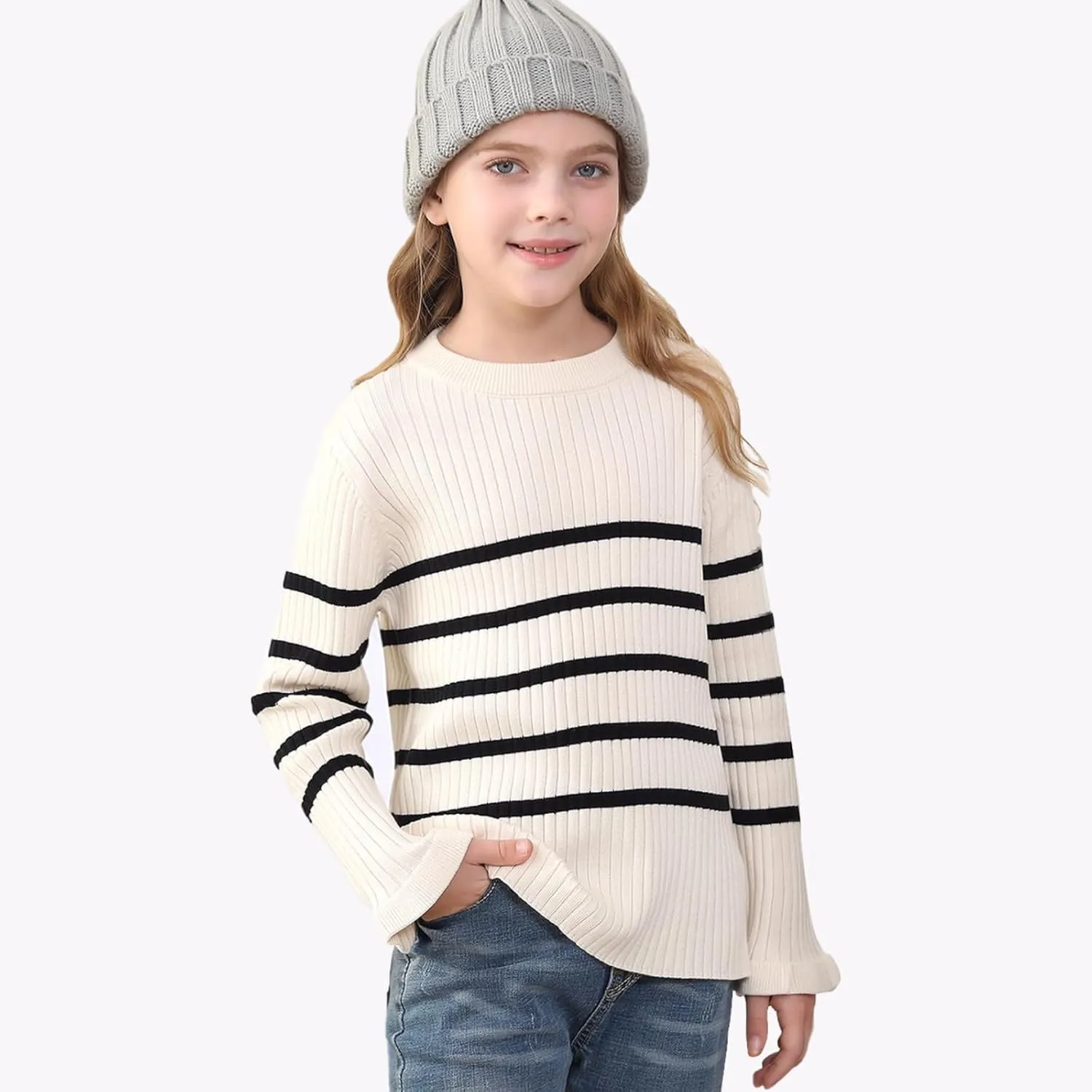 OEBLD Girl's Striped Knit Oversized Fall Sweaters Fashion Long Sleeve Crewneck Pullover Sweater Trendy Tops