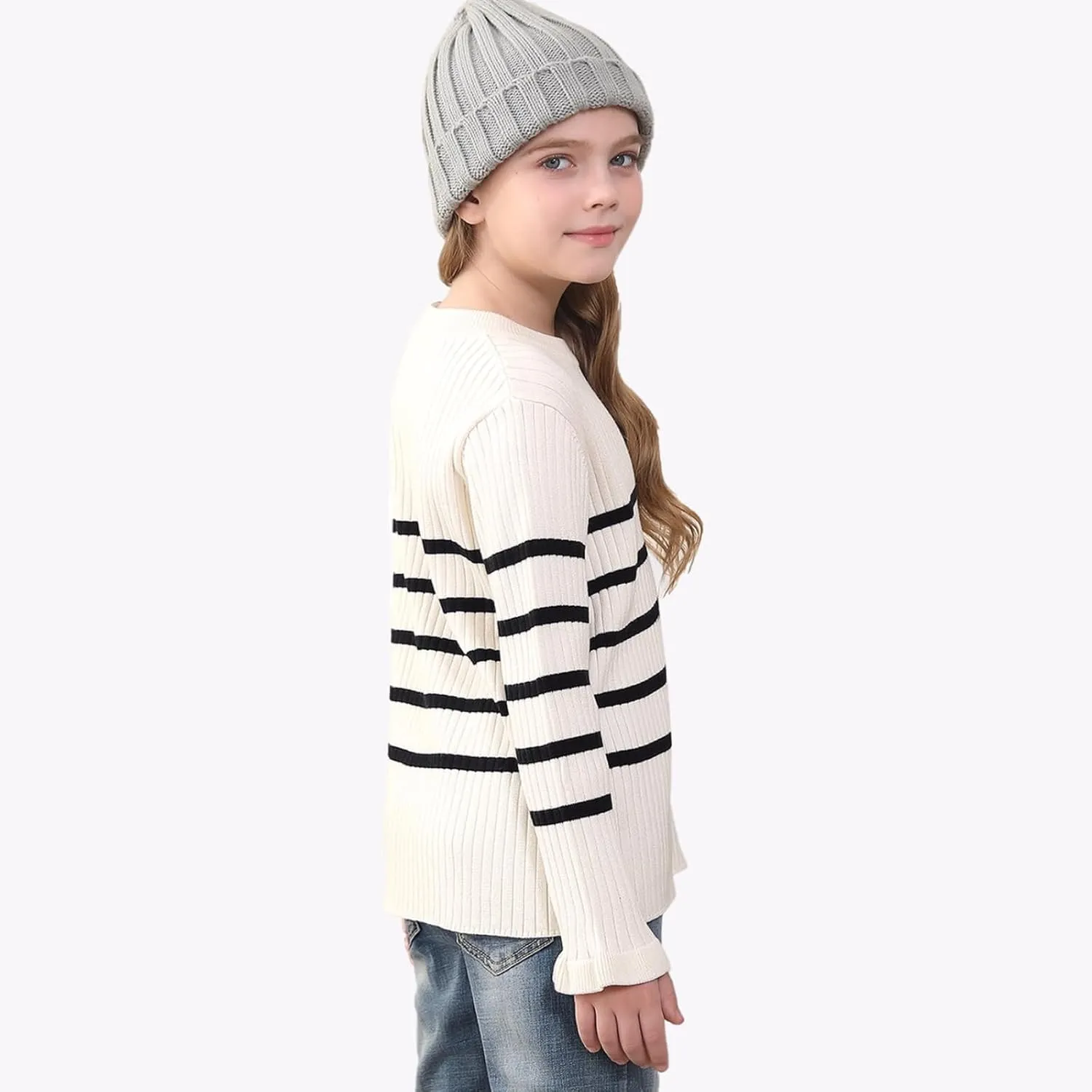 OEBLD Girl's Striped Knit Oversized Fall Sweaters Fashion Long Sleeve Crewneck Pullover Sweater Trendy Tops