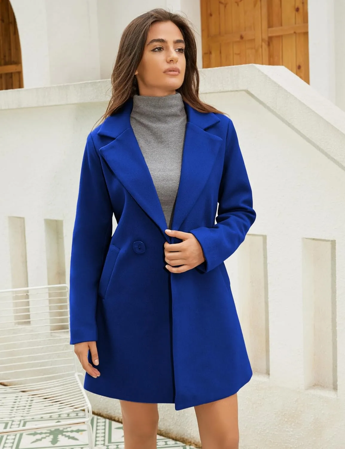 Omoone Women's Long Sleeve Slim Fit Warm Winter Wool Blend Pea Coat Overcoat