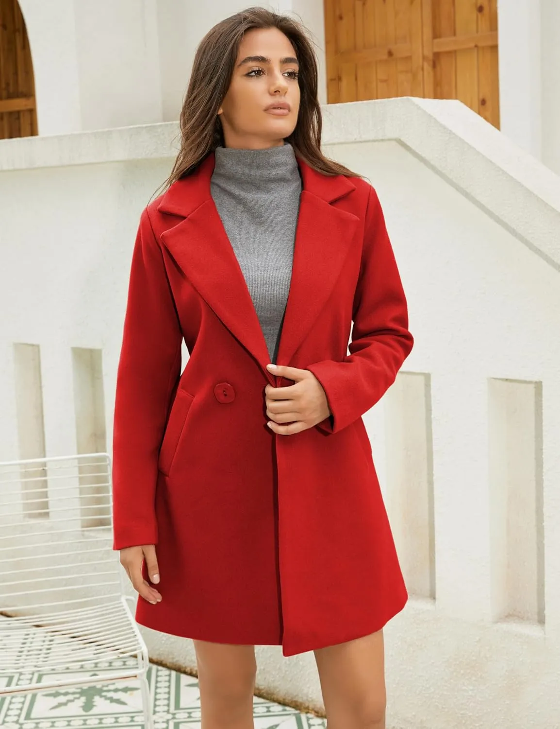 Omoone Women's Long Sleeve Slim Fit Warm Winter Wool Blend Pea Coat Overcoat